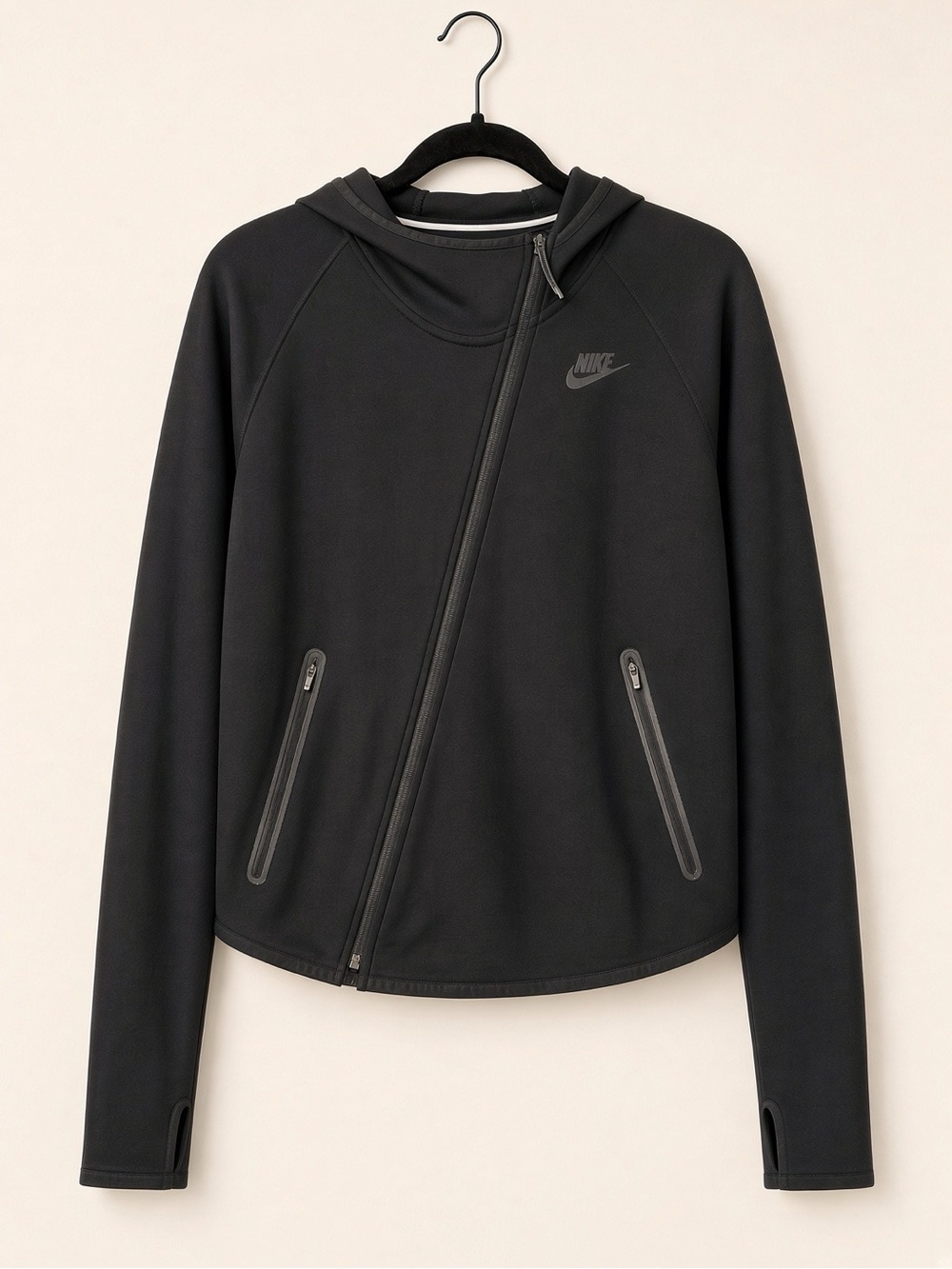 Nike Women's Black Hooded Asymmetrical Zip Jacket w/ thumb holes. Yoga EUC rare